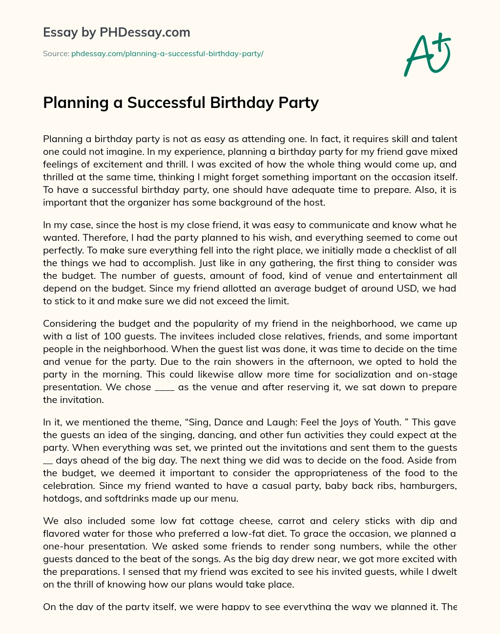 Planning a Successful Birthday Party essay