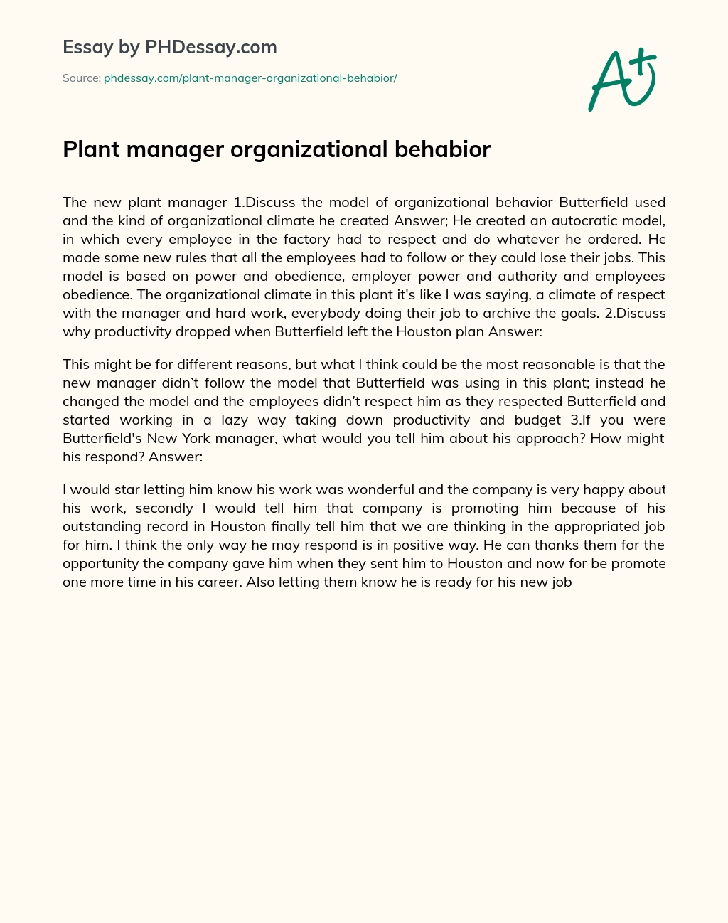 Plant manager organizational behabior essay