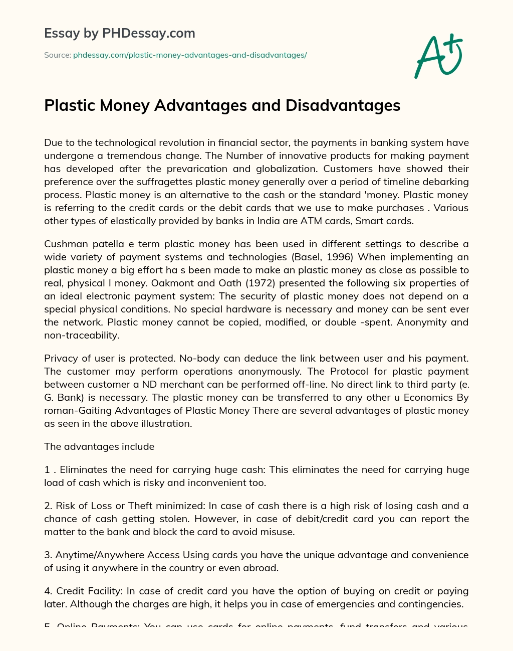 Plastic Money Advantages and Disadvantages essay