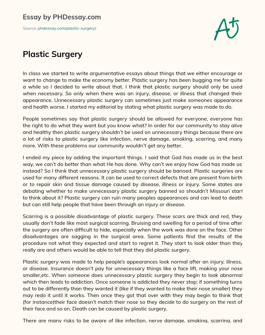 advantages and disadvantages of cosmetic surgery essay