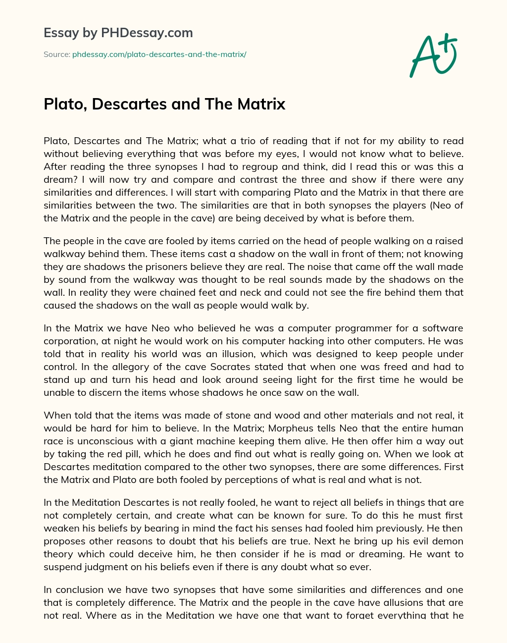 Plato, Descartes and The Matrix essay