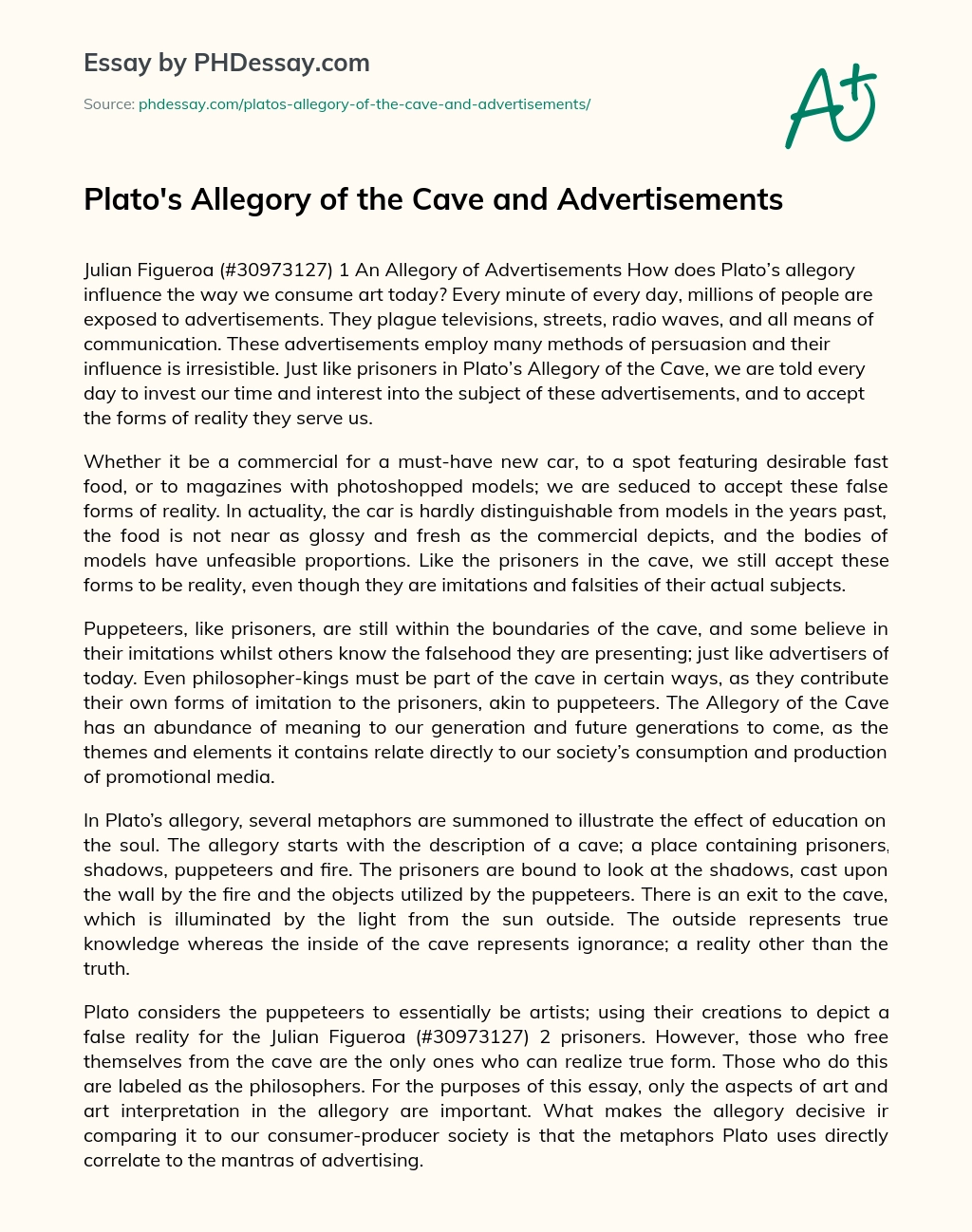 Plato’s Allegory of the Cave and Advertisements essay