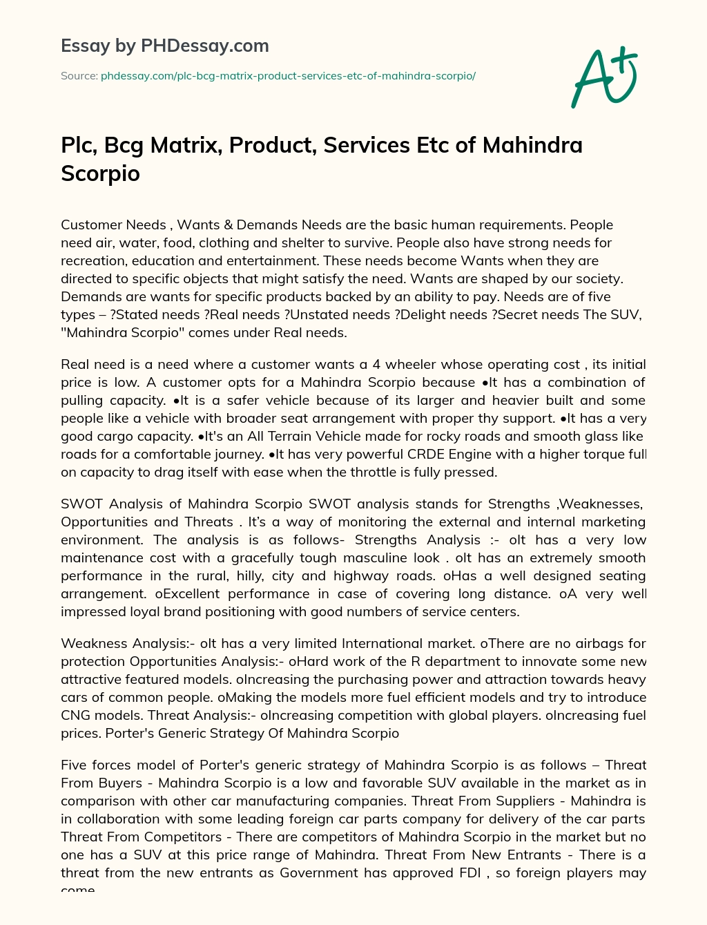 Plc, Bcg Matrix, Product, Services Etc of Mahindra Scorpio essay