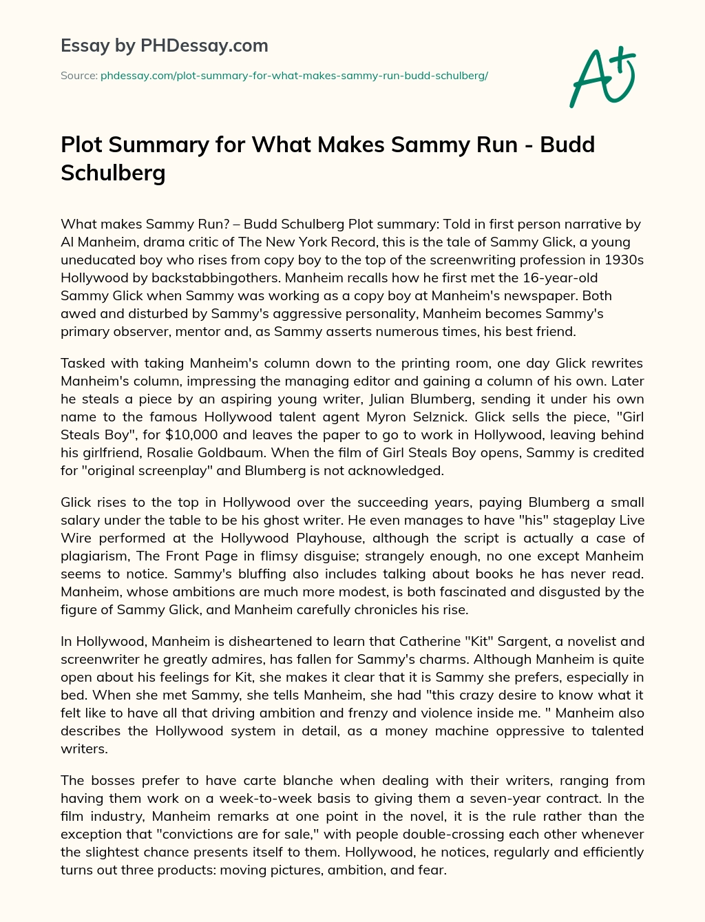 Plot Summary for What Makes Sammy Run – Budd Schulberg essay