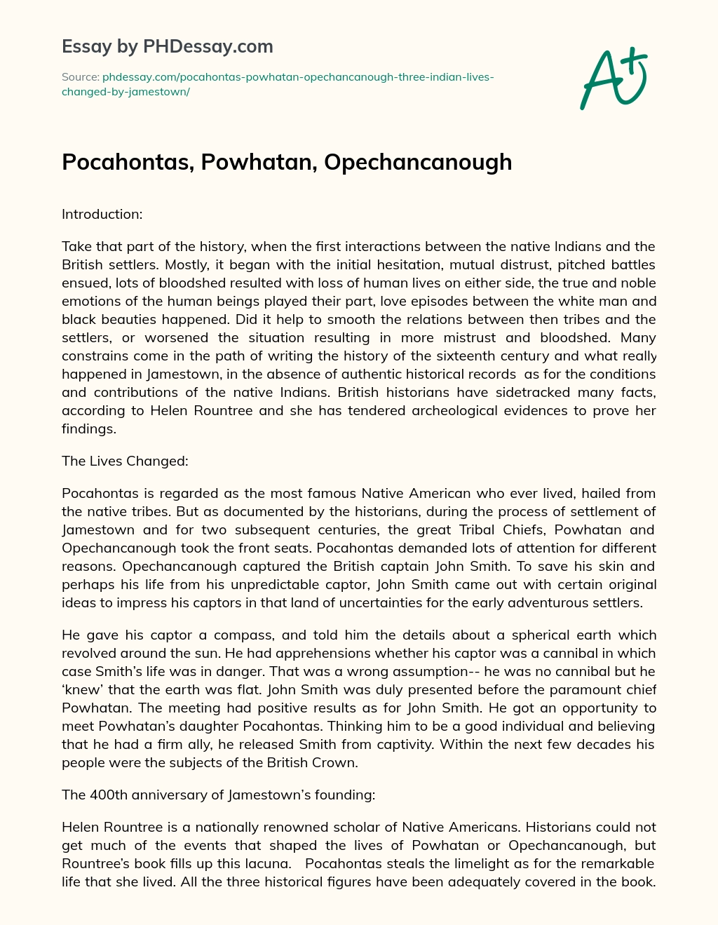 Pocahontas, Powhatan, Opechancanough essay