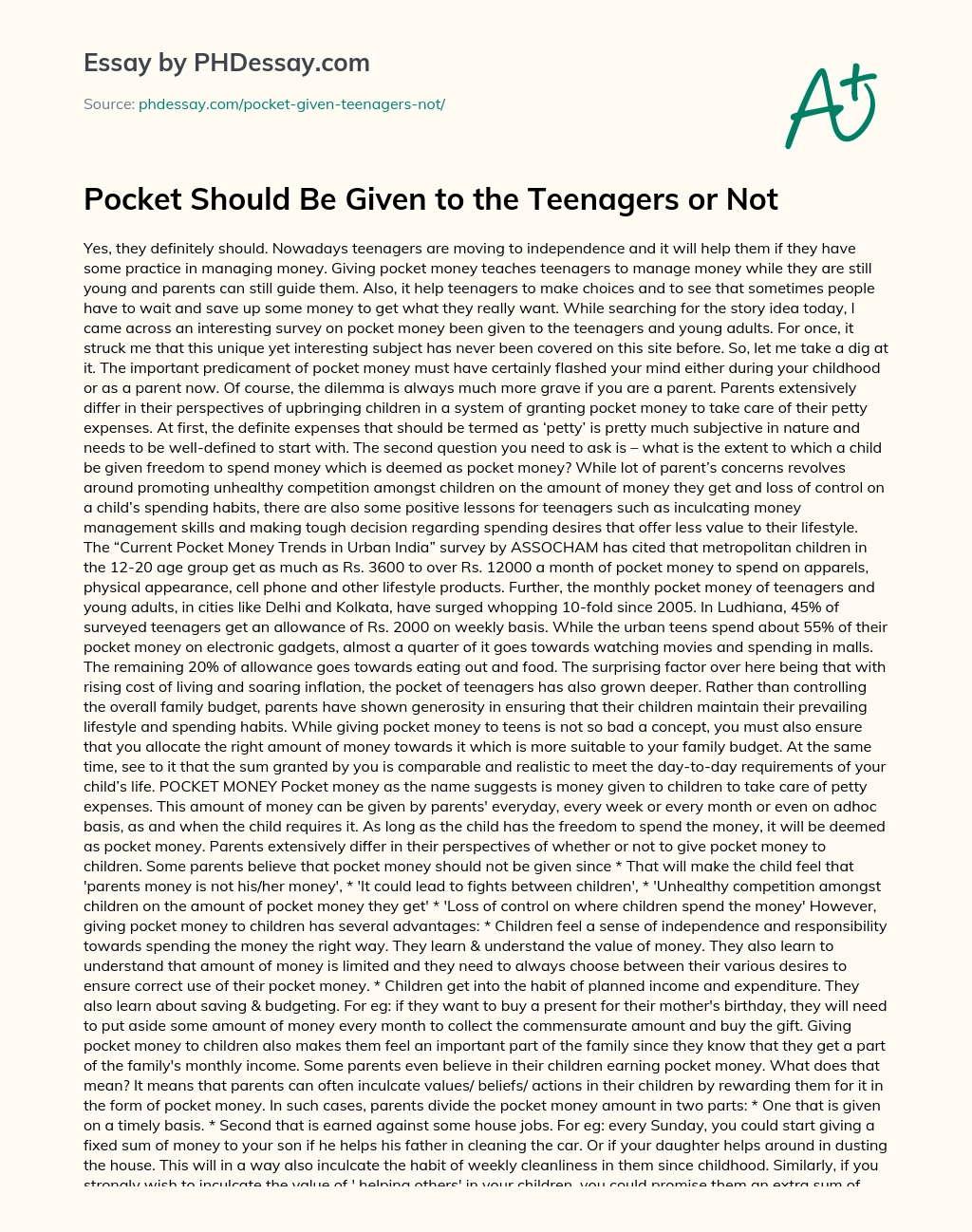 Pocket Should Be Given to the Teenagers or Not essay