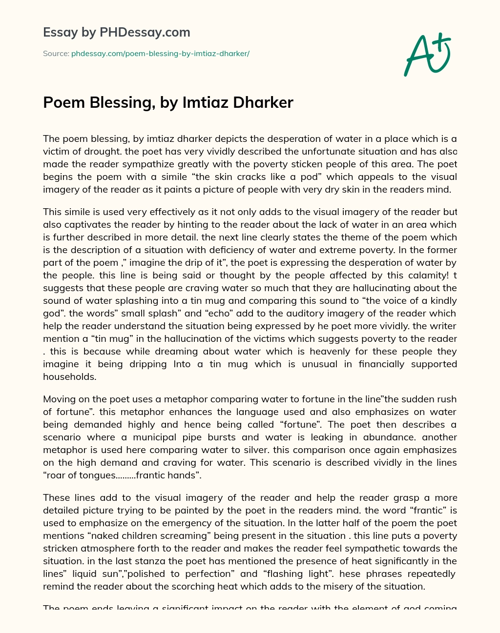 Poem Blessing, by Imtiaz Dharker essay