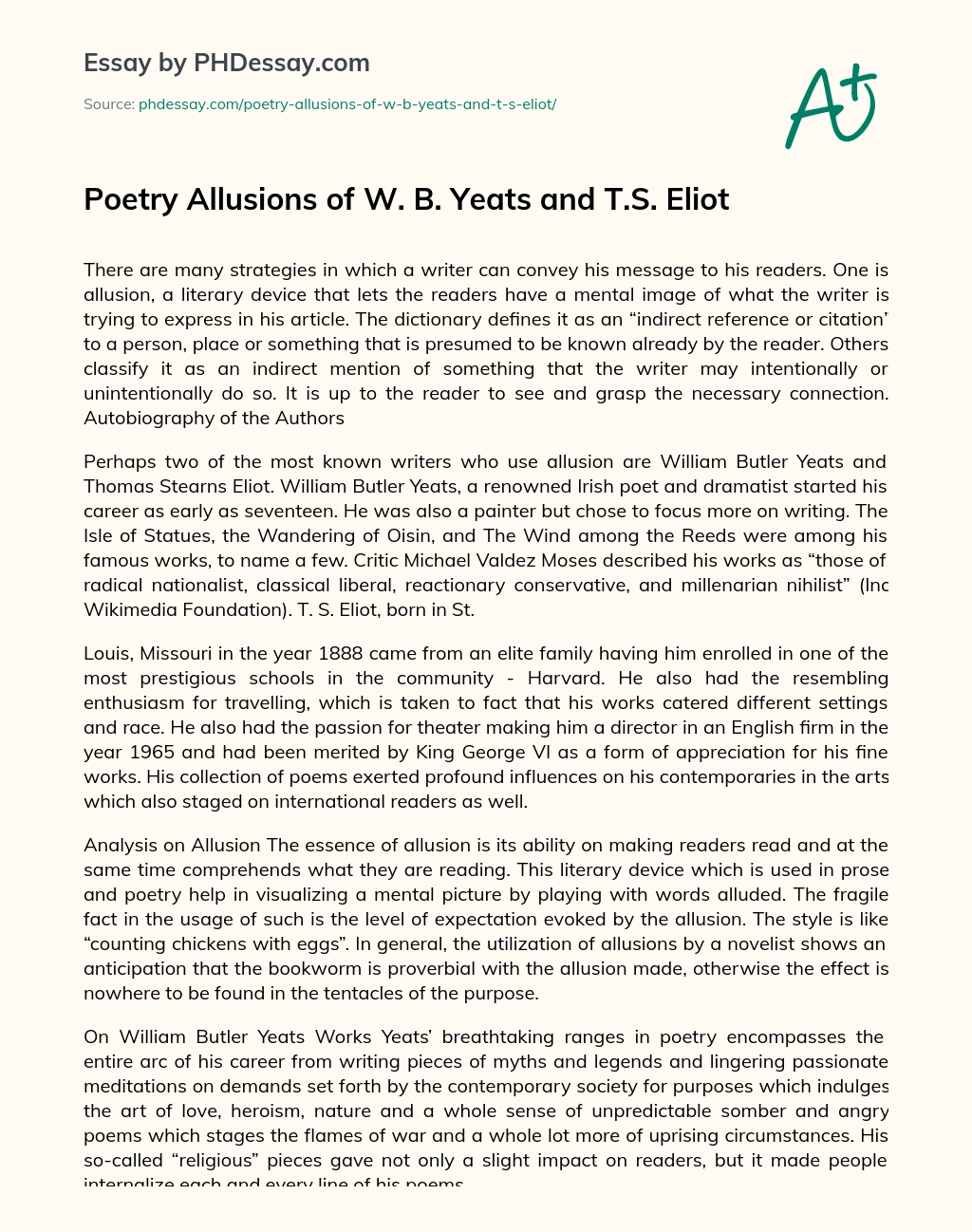 Poetry Allusions of  W. B. Yeats and T.S. Eliot essay