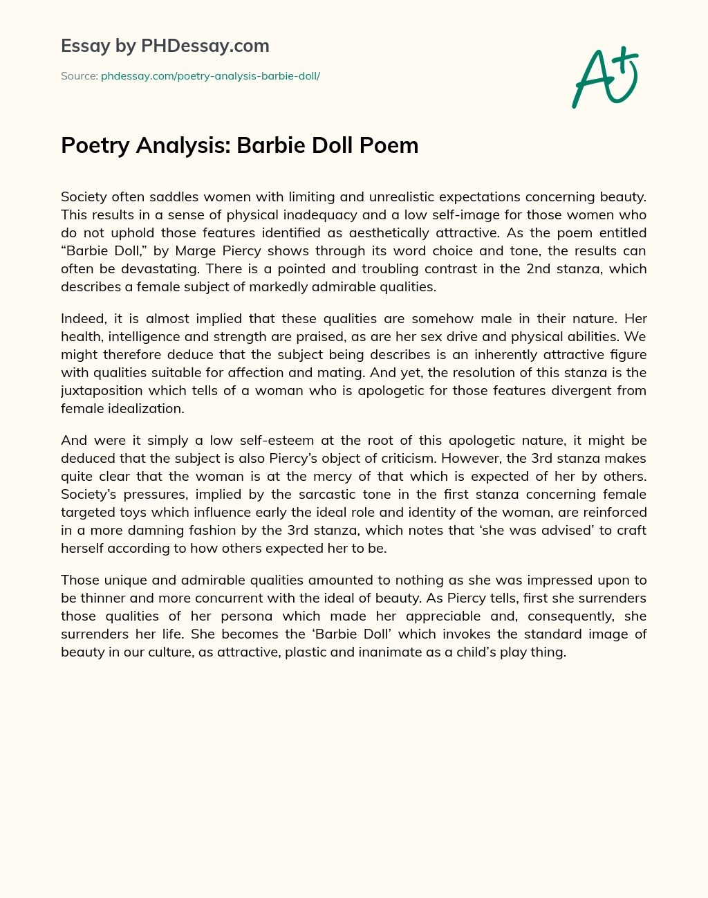 Poetry Analysis:  Barbie Doll Poem essay