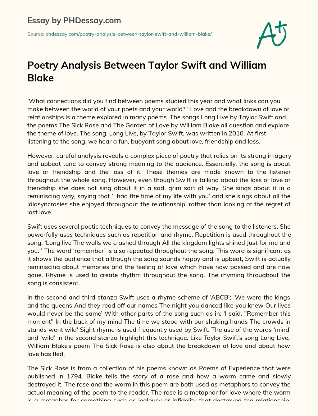 Poetry Analysis Between Taylor Swift and William Blake essay