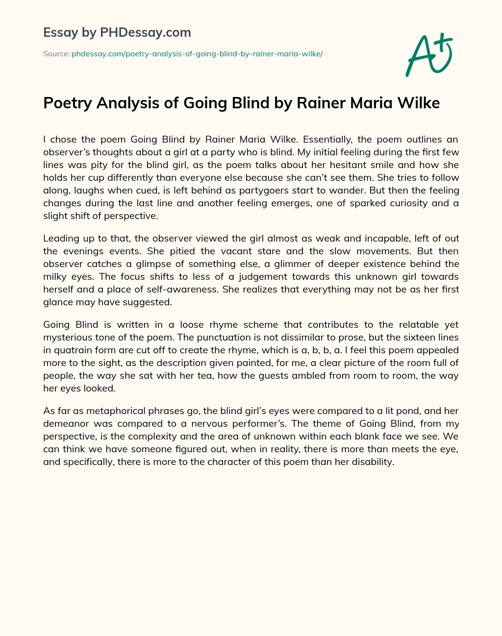 Poetry Analysis of Going Blind by Rainer Maria Wilke essay