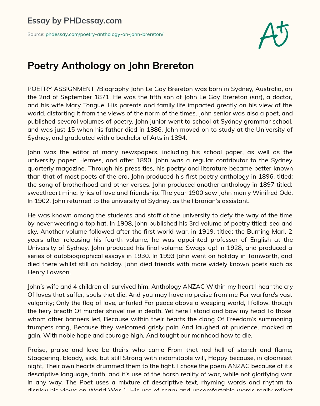 Poetry Anthology on John Brereton essay