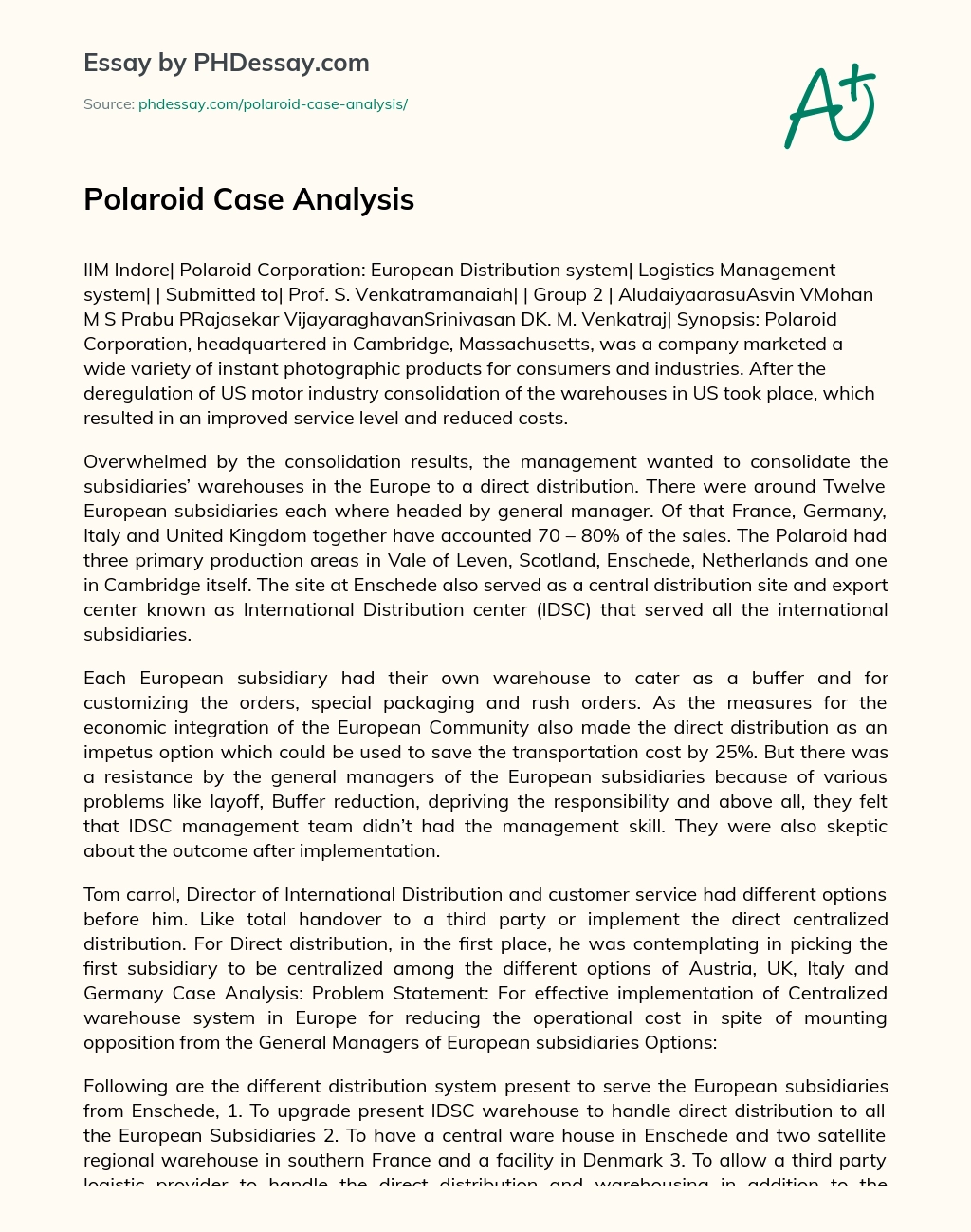 Polaroid Case Analysis essay