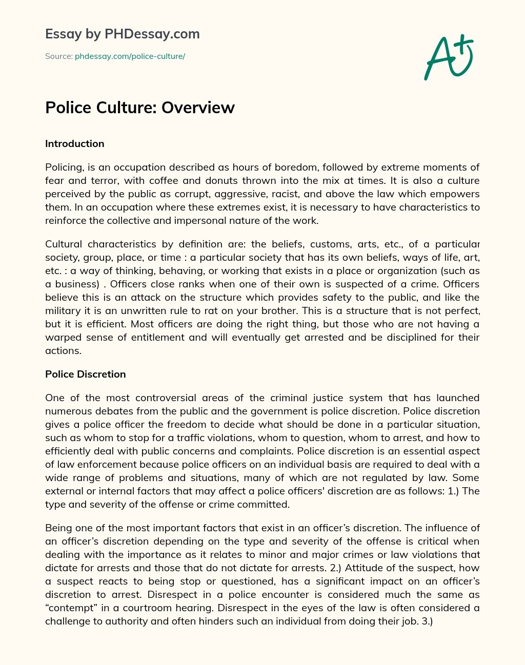 Police Culture: Overview essay