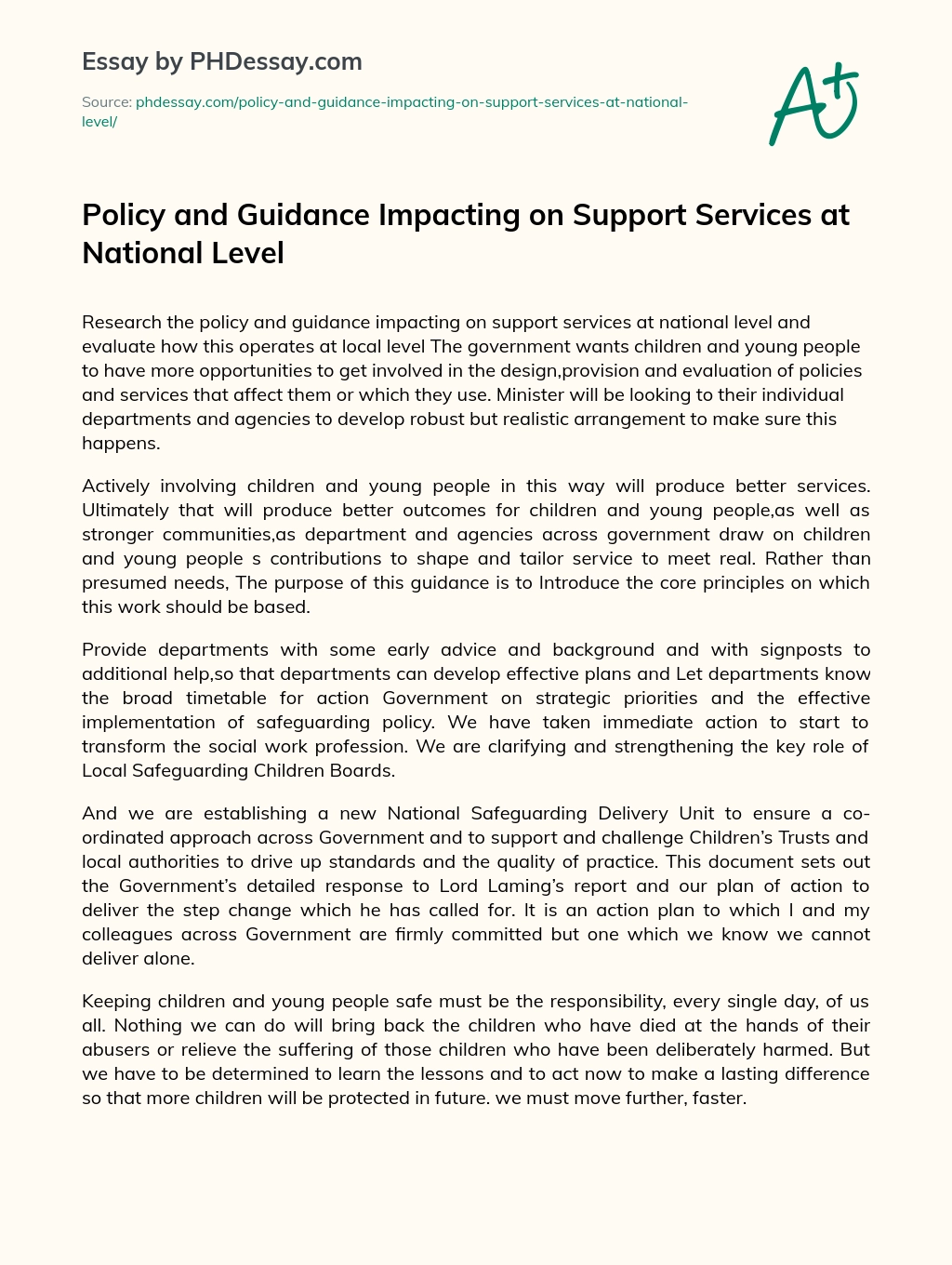 Policy and Guidance Impacting on Support Services at National Level essay