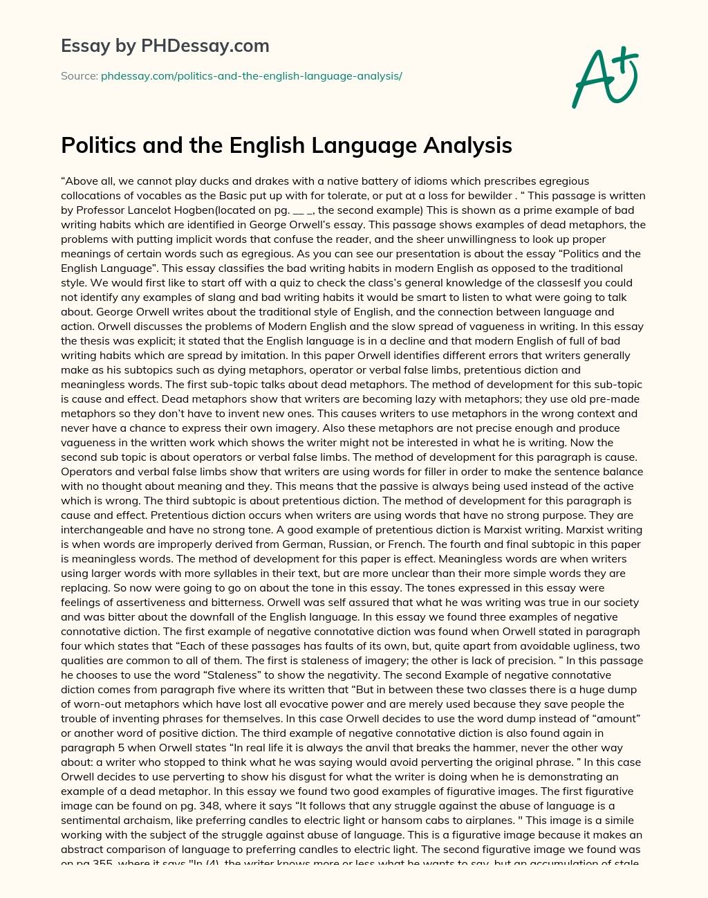 Politics and the English Language Analysis essay