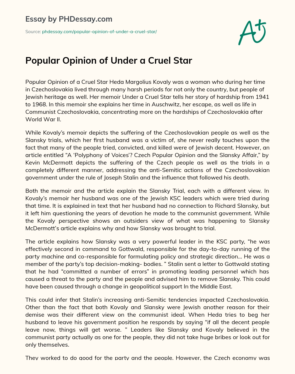 Popular Opinion of Under a Cruel Star essay