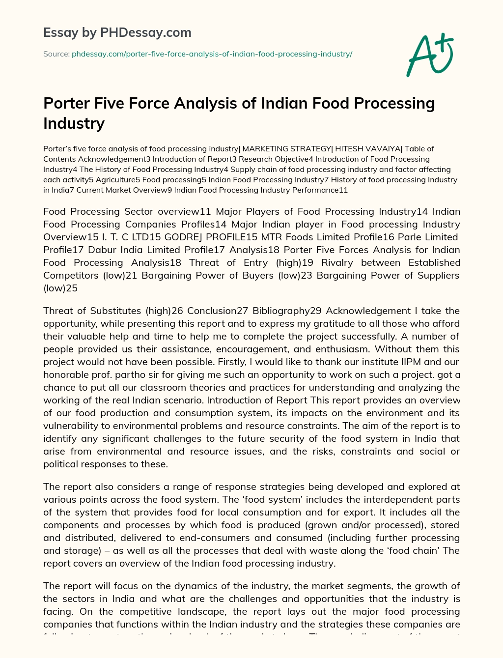 Porter Five Force Analysis of Indian Food Processing Industry essay