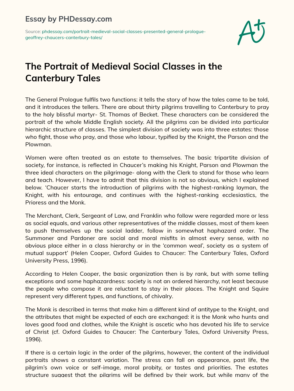 The Portrait of Medieval Social Classes in the Canterbury Tales essay