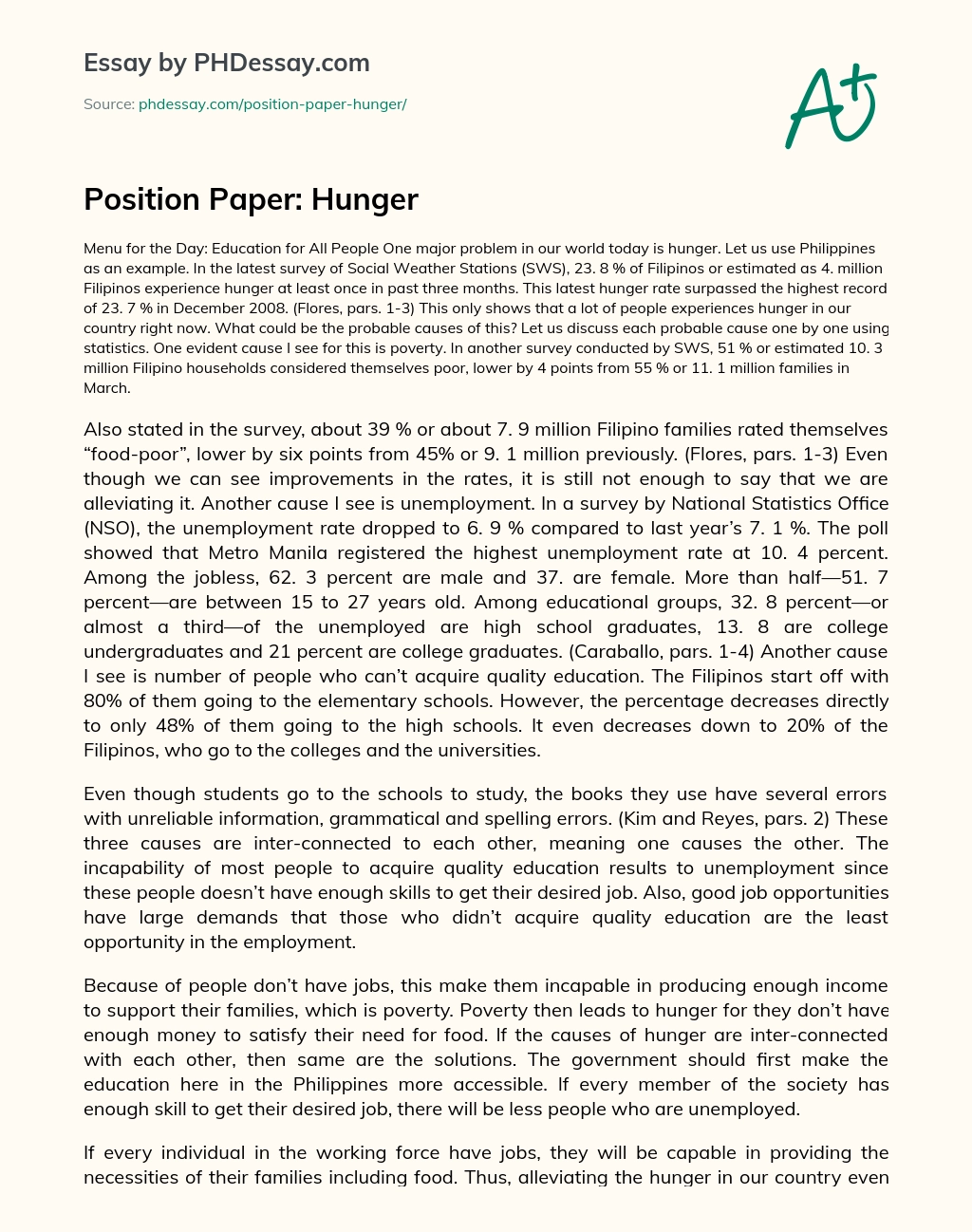 Position Paper Hunger Phdessay Com