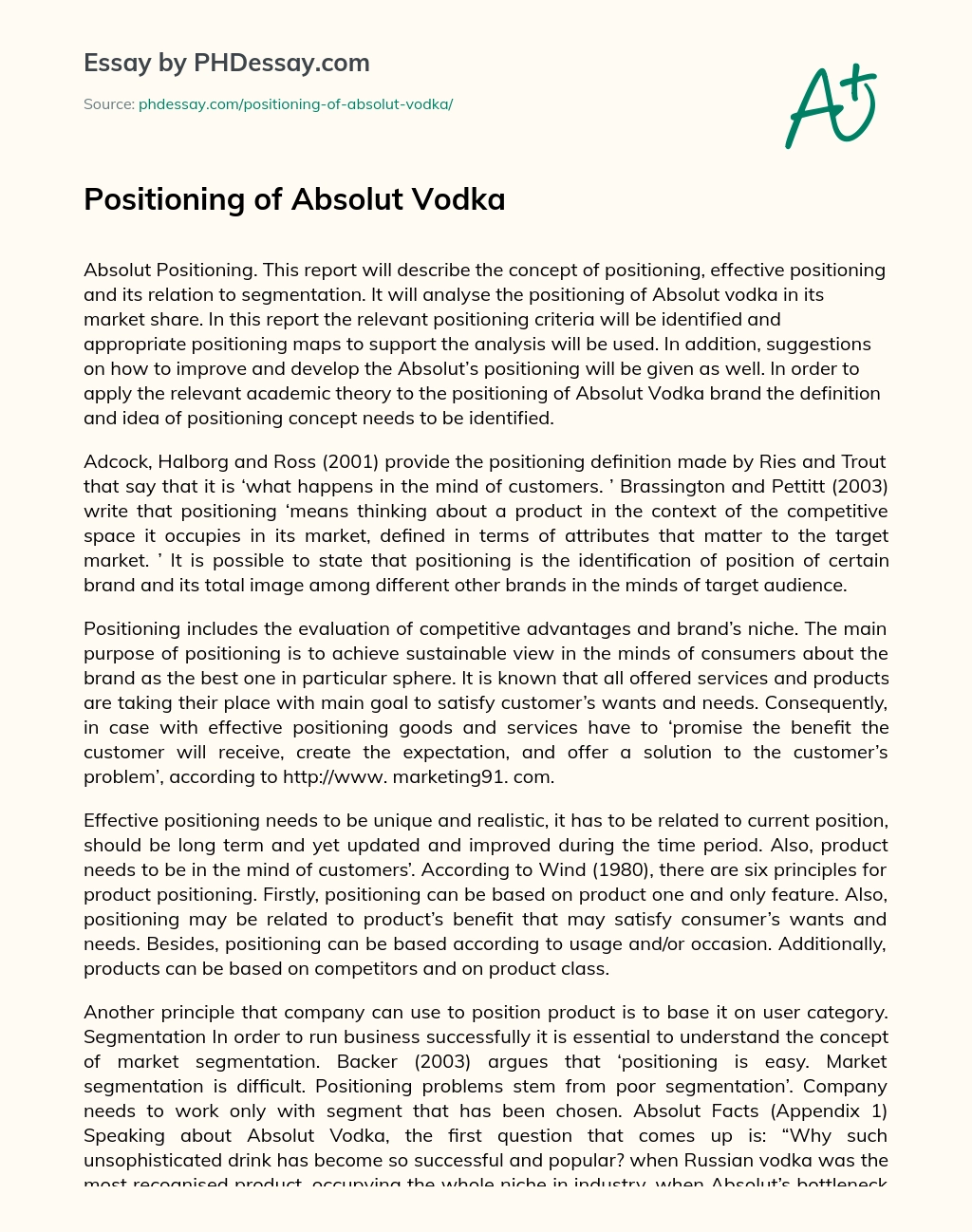 Positioning of Absolut Vodka essay