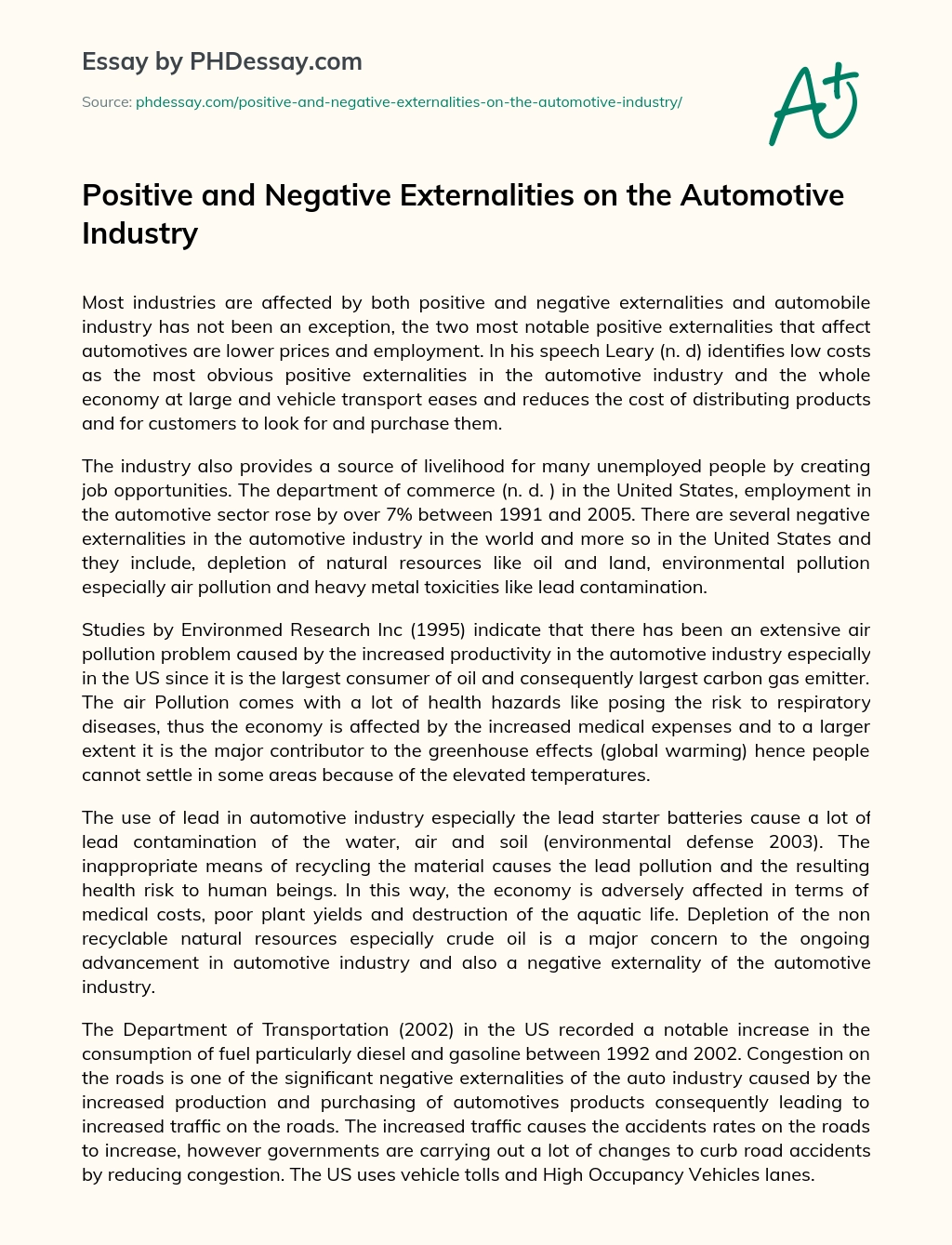 Positive and Negative Externalities on the Automotive Industry essay