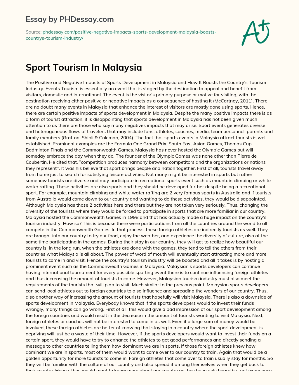 Sport Tourism In Malaysia essay