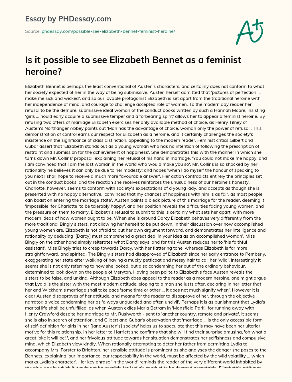 Is it possible to see Elizabeth Bennet as a feminist heroine? essay