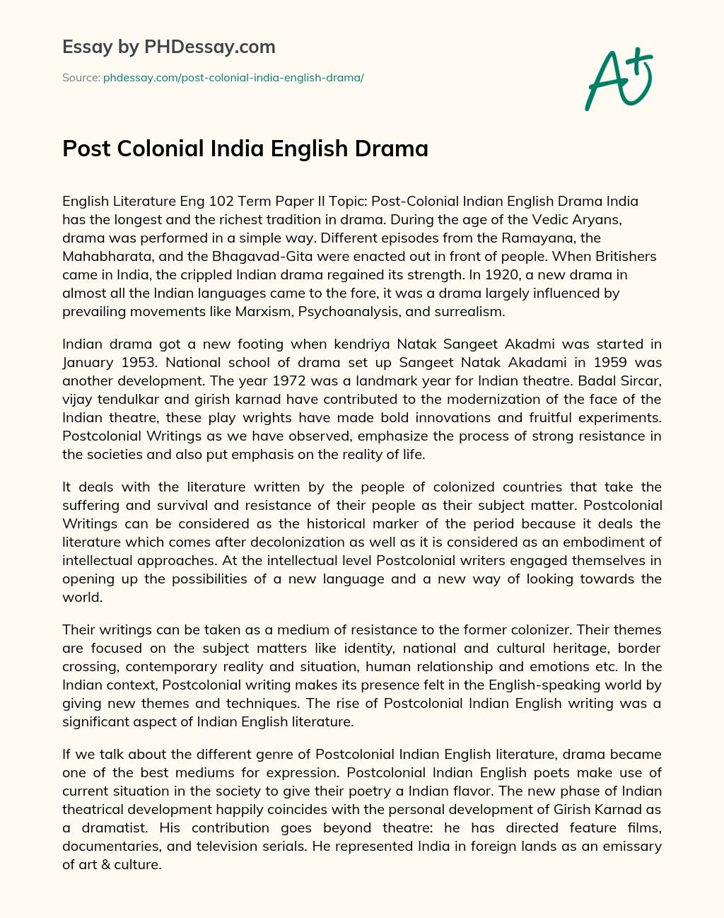 Post Colonial India English Drama essay