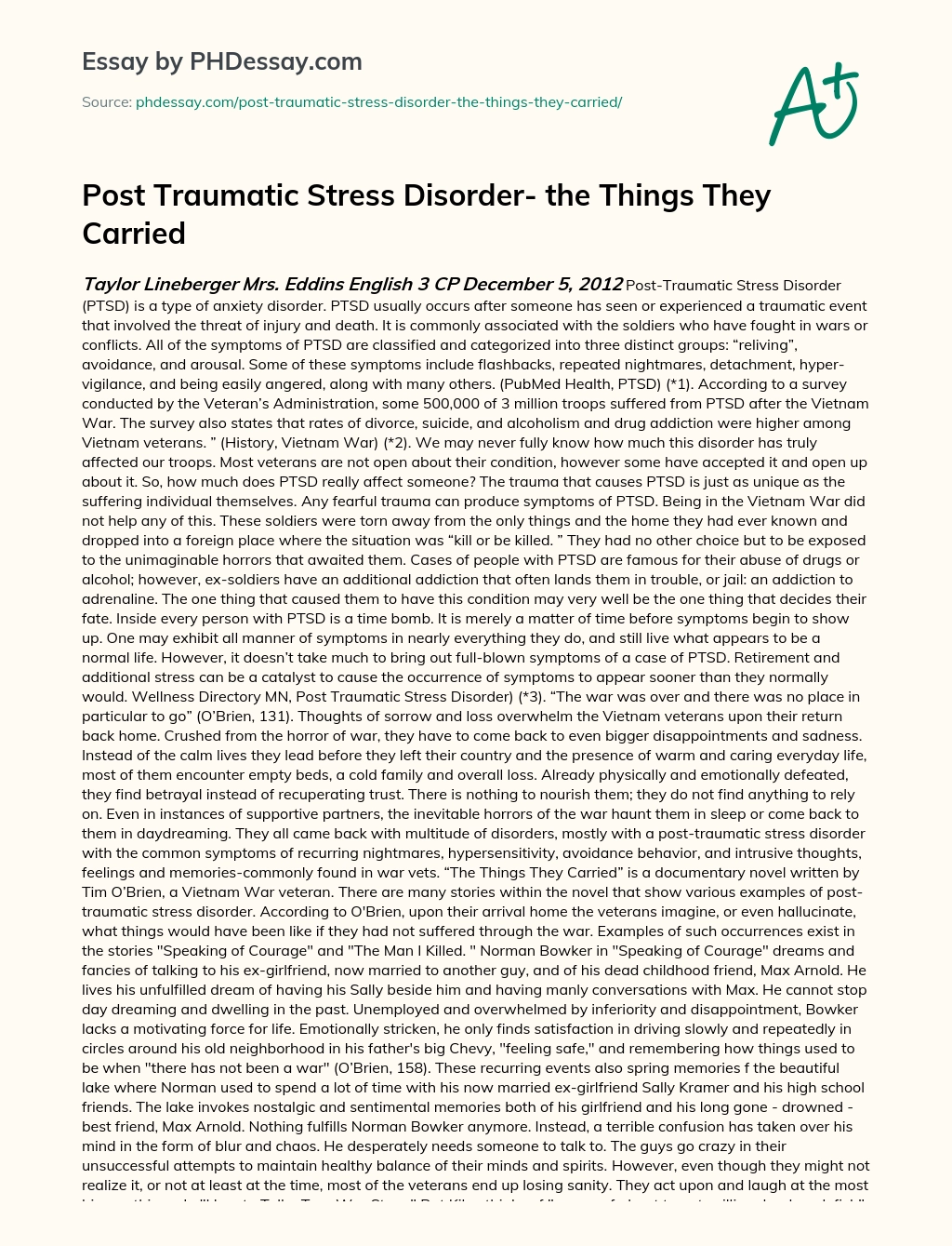 Post Traumatic Stress Disorder essay