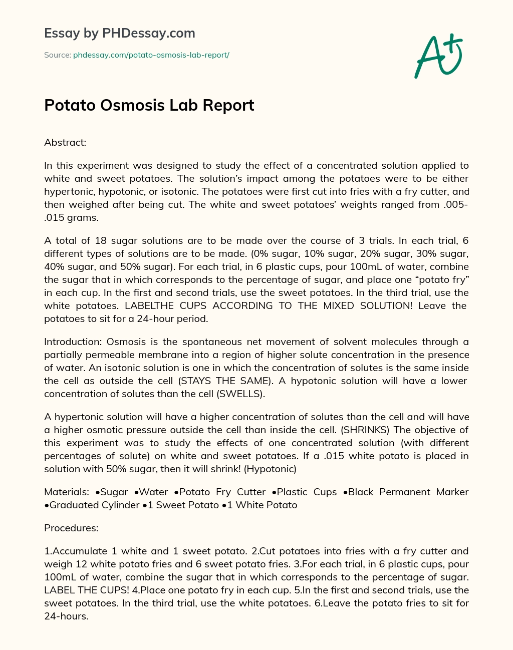 Potato Osmosis Lab Report essay