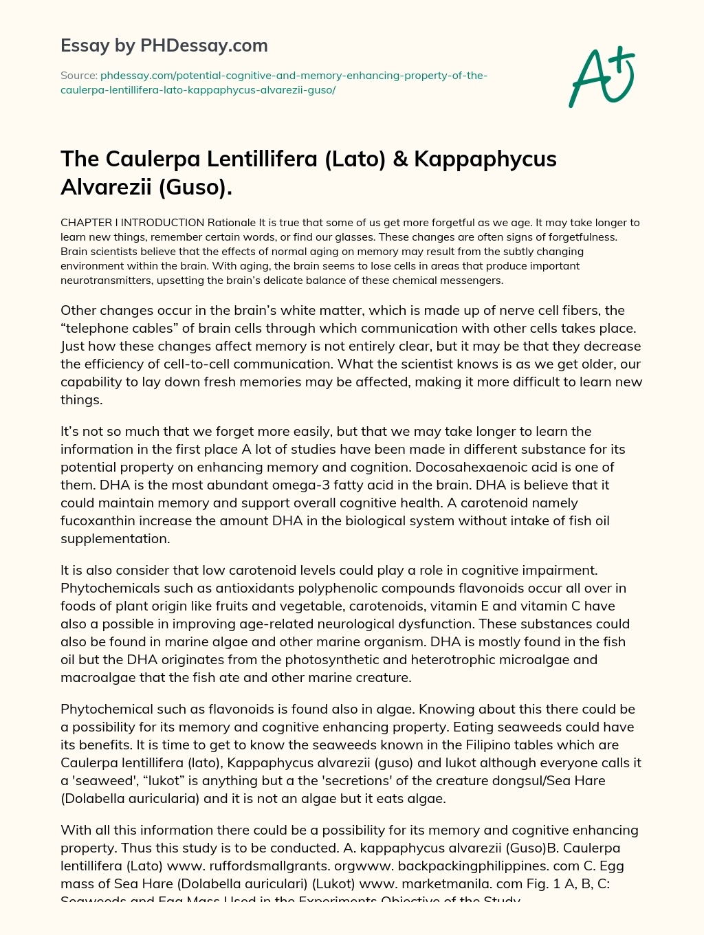 The Caulerpa Lentillifera (Lato) & Kappaphycus Alvarezii (Guso) Effect on Memory essay