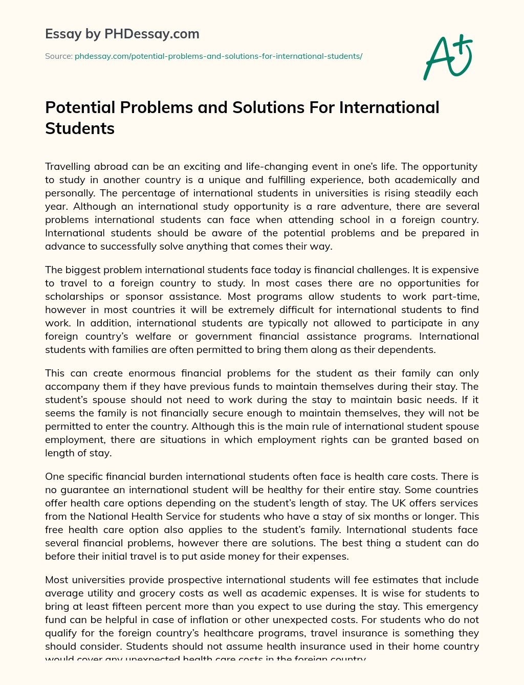 Potential Problems and Solutions For International Students essay