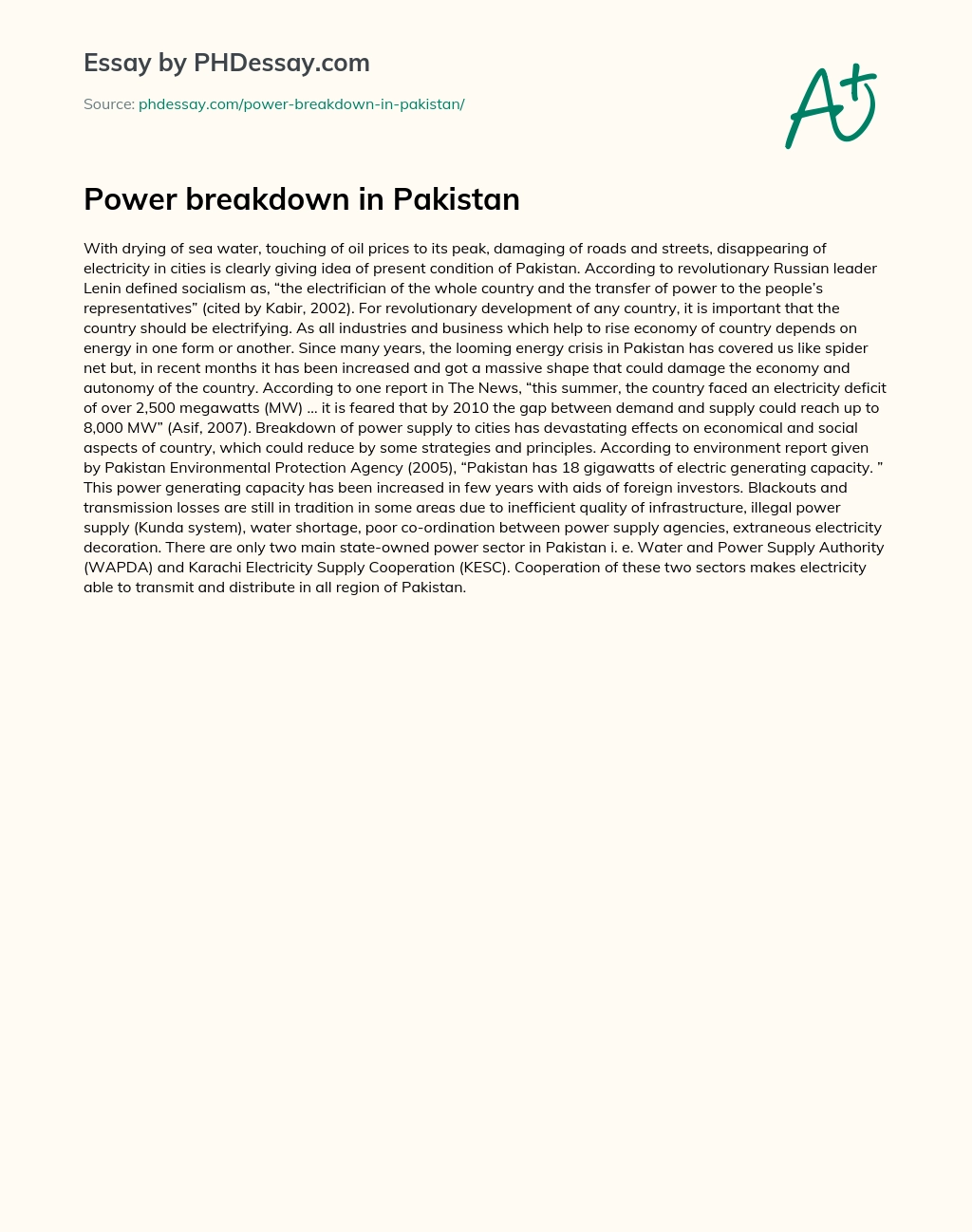 Power breakdown in Pakistan essay