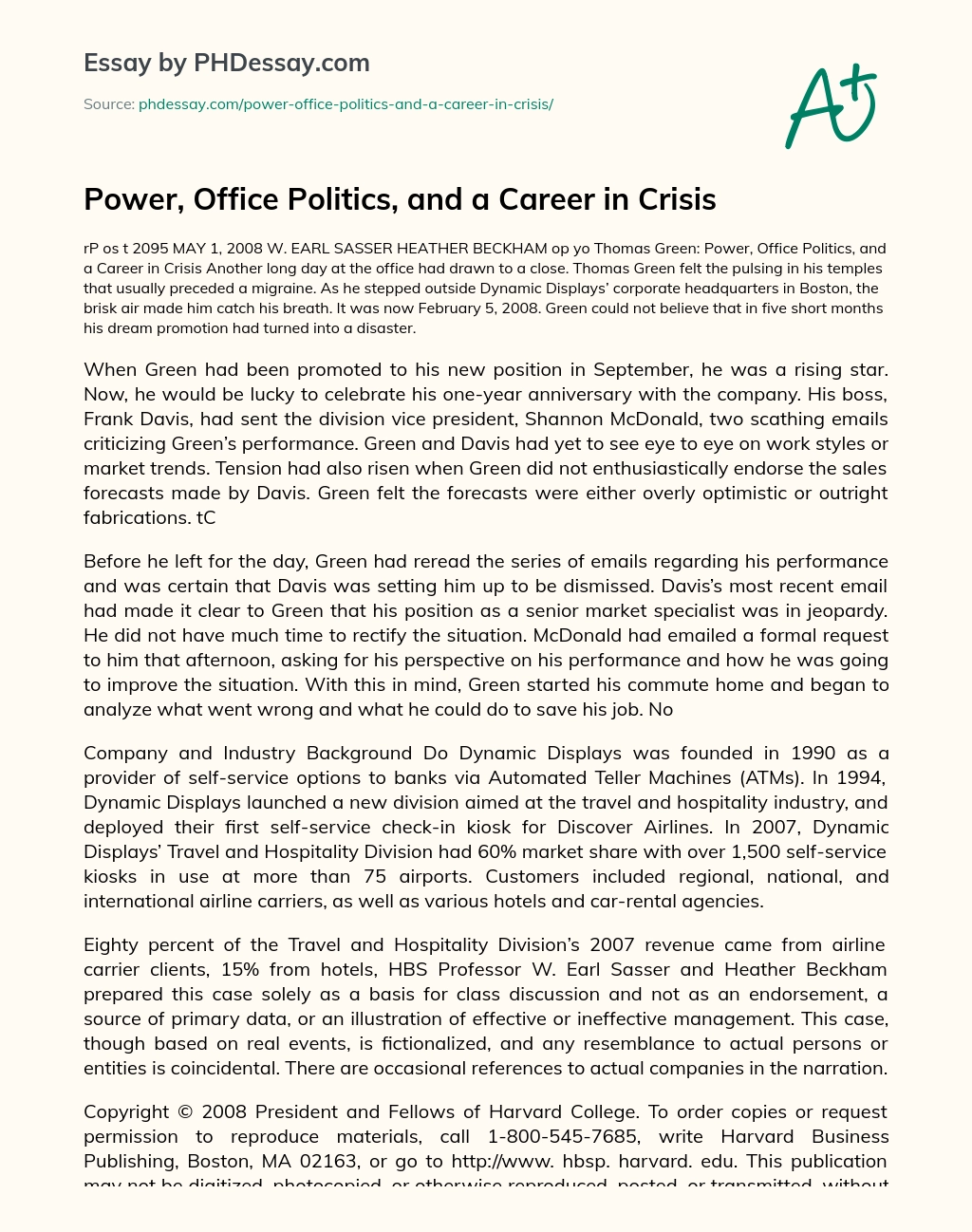 Power, Office Politics, and a Career in Crisis essay