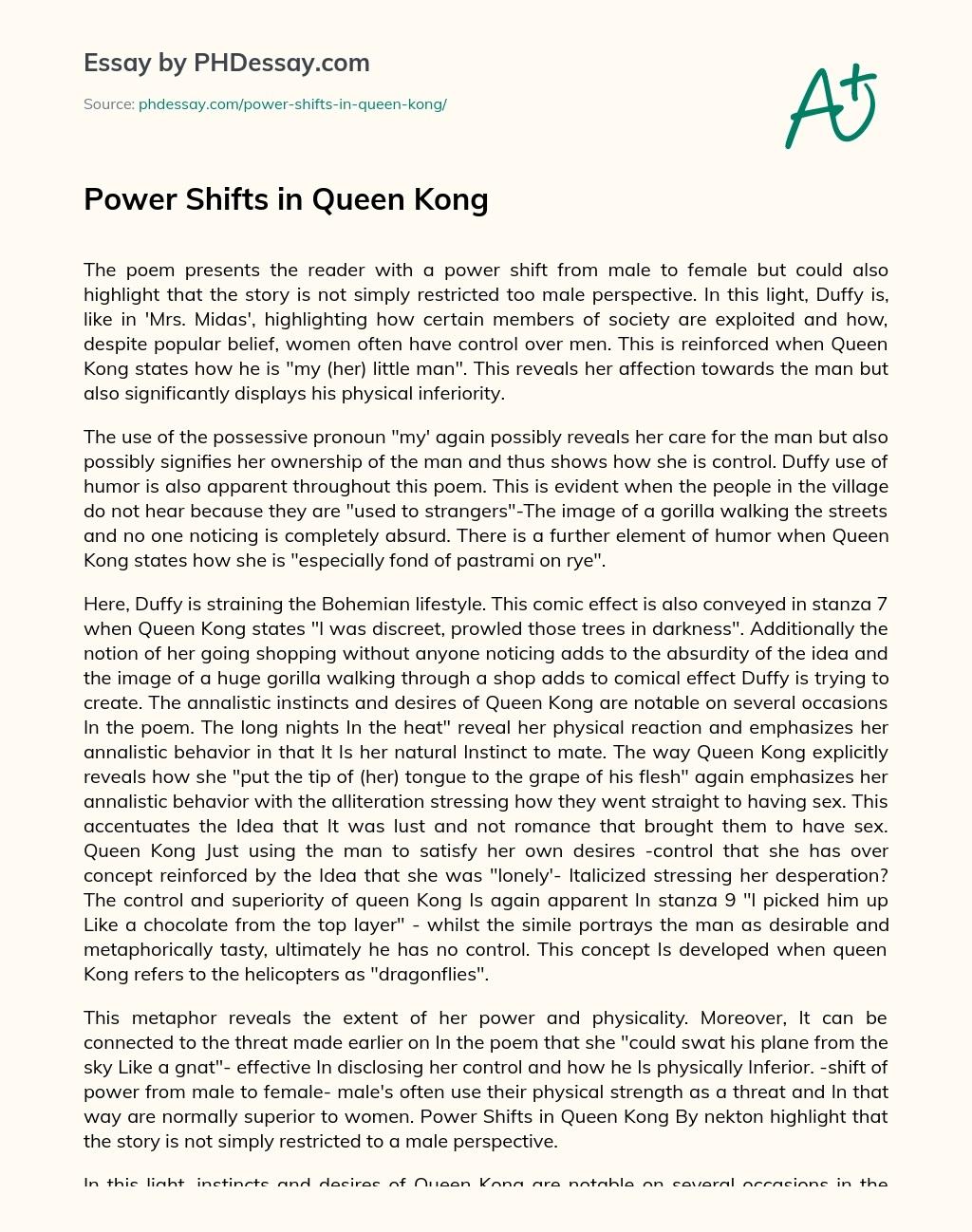 Power Shifts in Queen Kong essay