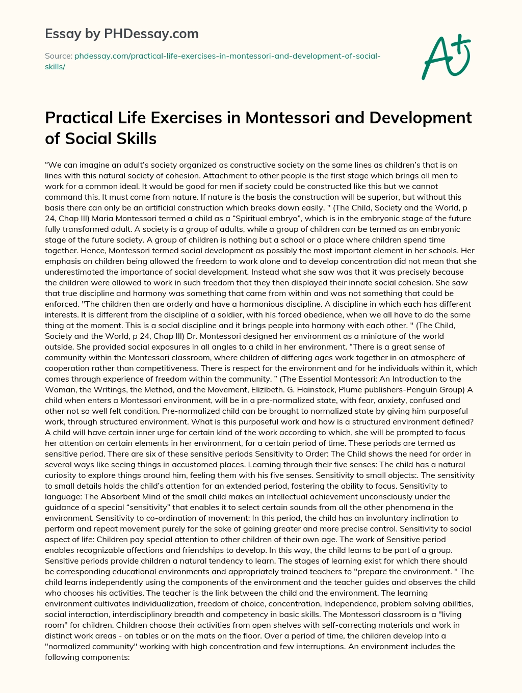 Practical Life Exercises in Montessori and Development of Social Skills essay