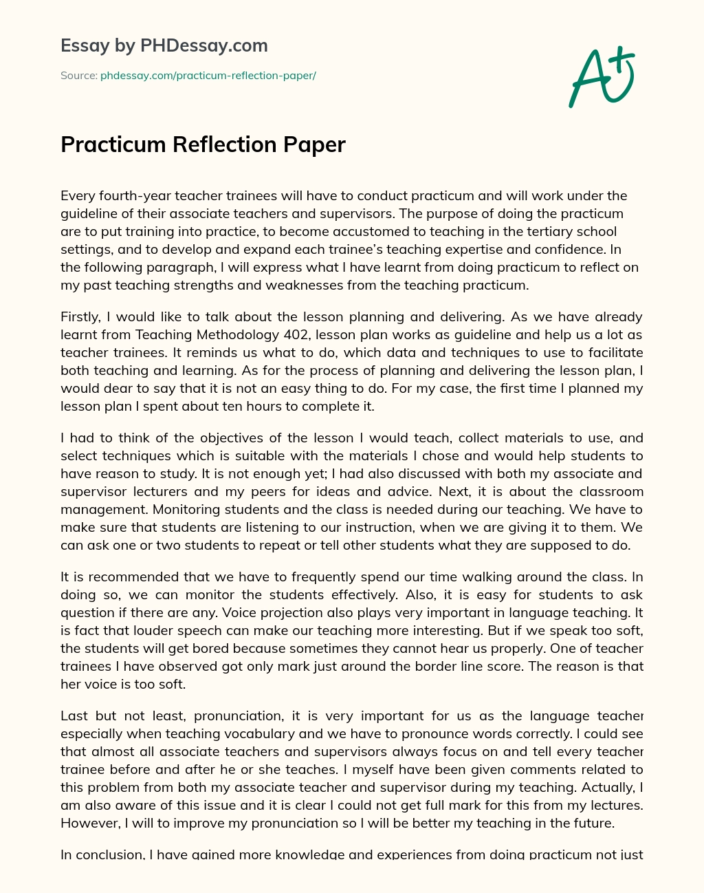 Practicum Reflection Paper essay
