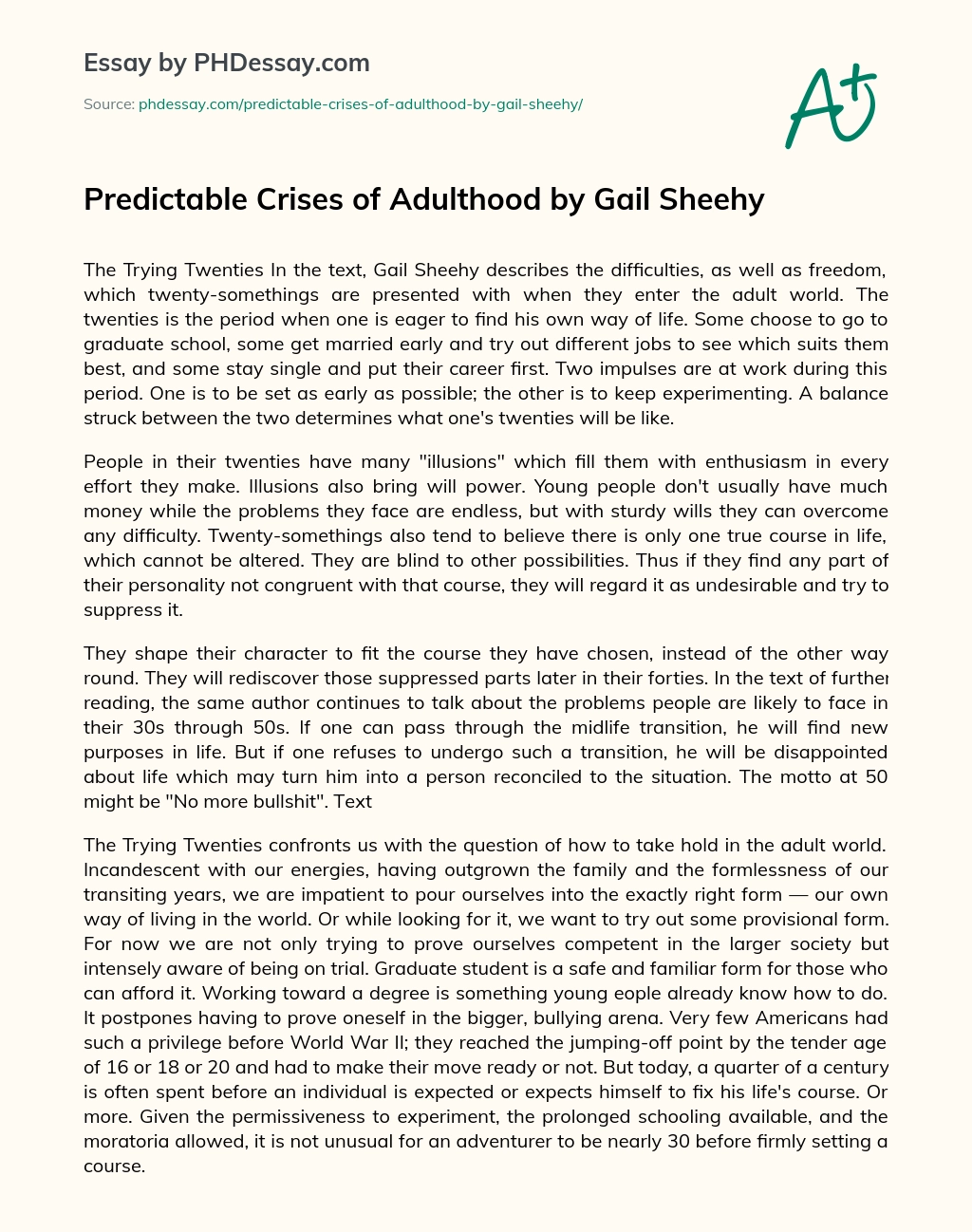 Predictable Crises of Adulthood by Gail Sheehy essay