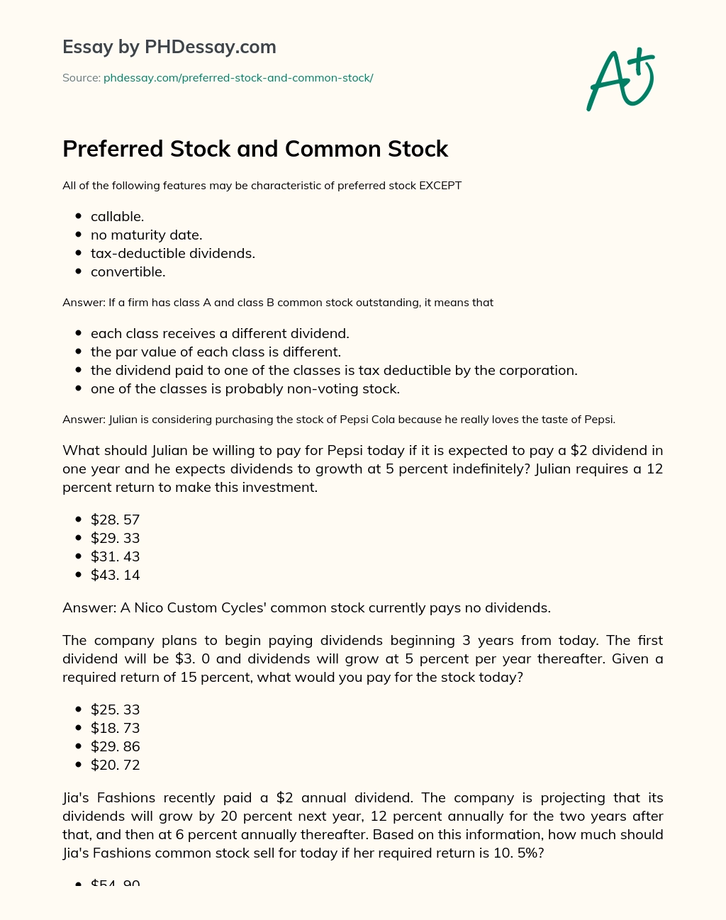 Preferred Stock and Common Stock essay