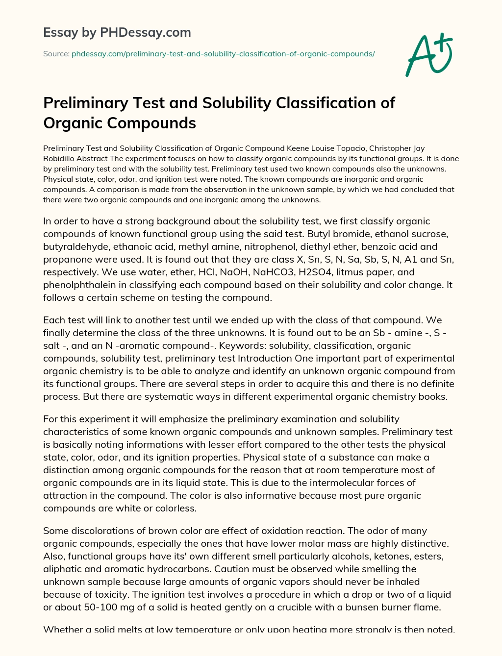 Preliminary Test and Solubility Classification of Organic Compounds essay