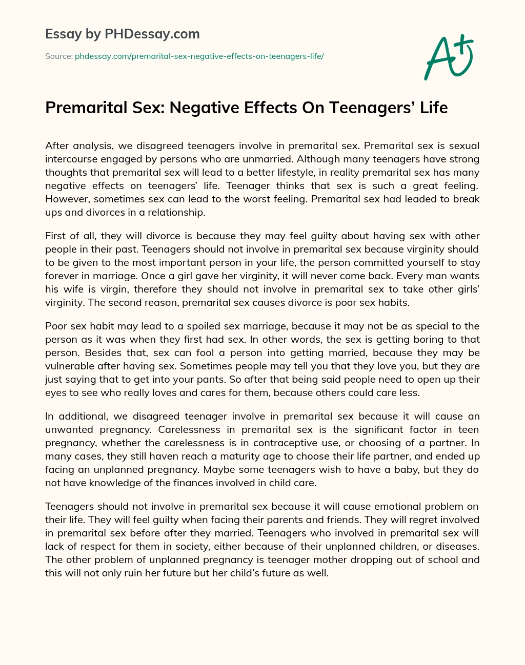Premarital Sex: Negative Effects On Teenagers’ Life essay