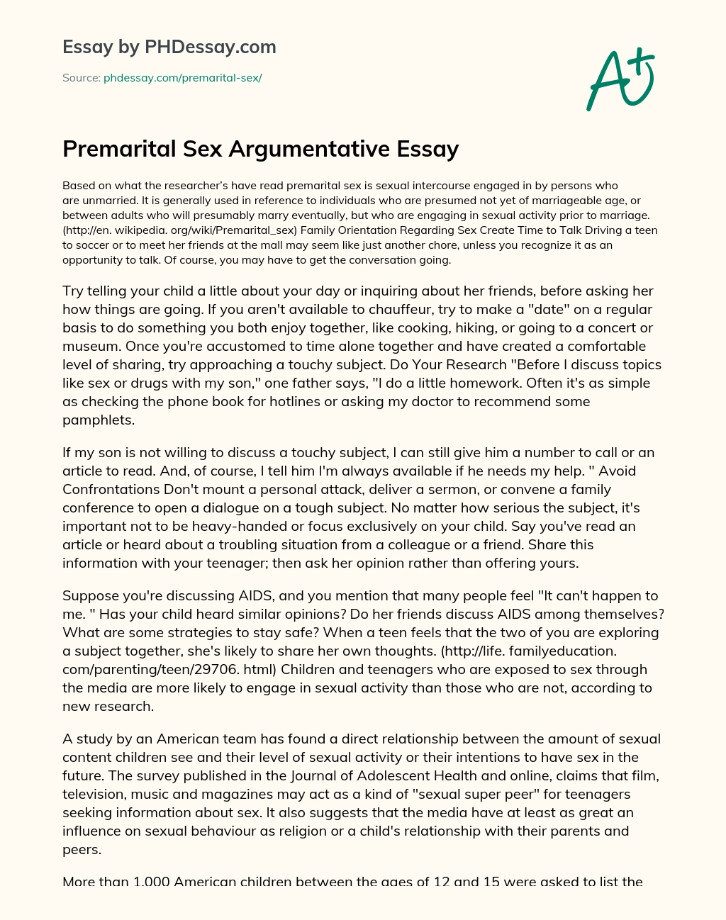 Premarital Sex Argumentative Essay essay