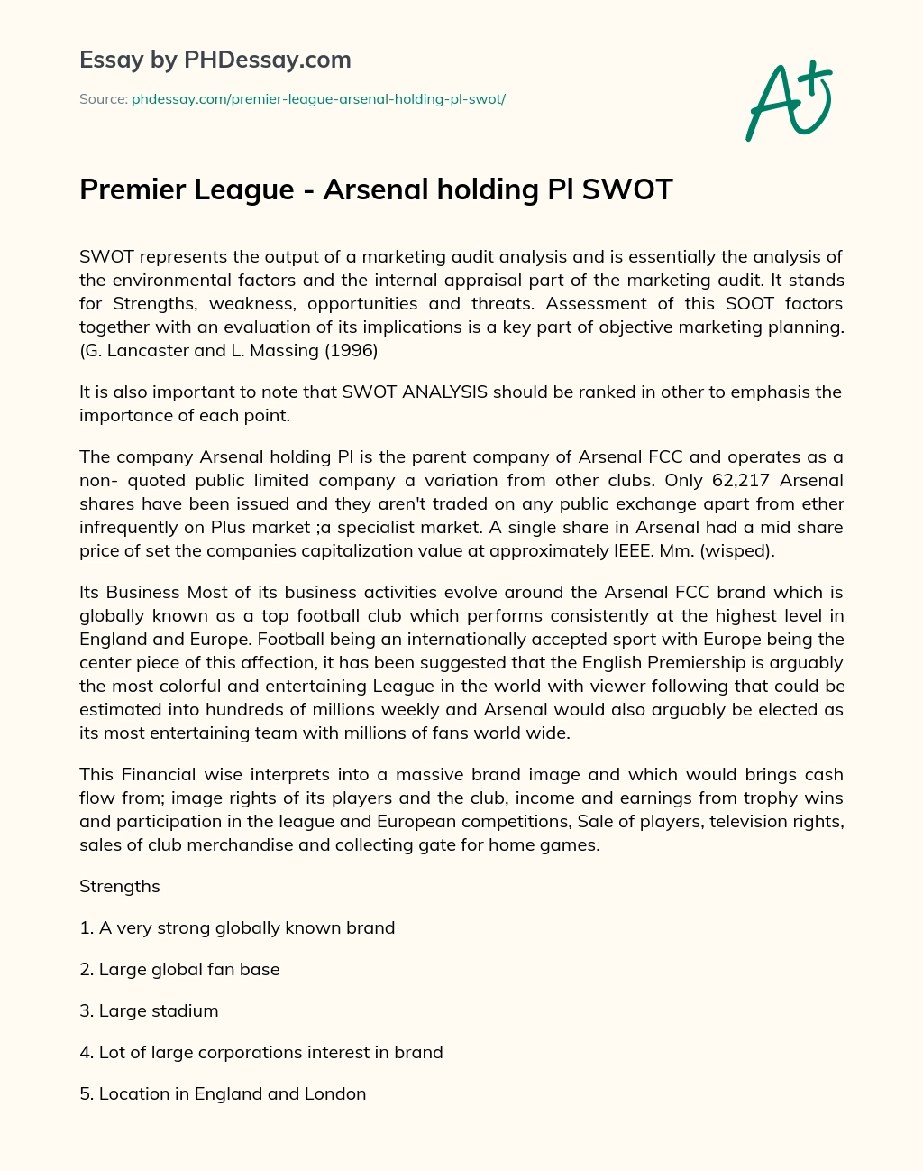 Premier League – Arsenal holding Pl SWOT essay