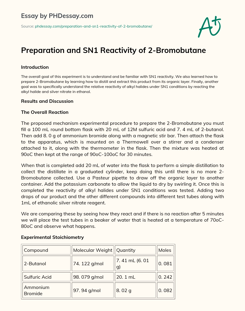 Preparation and SN1 Reactivity of 2-Bromobutane essay