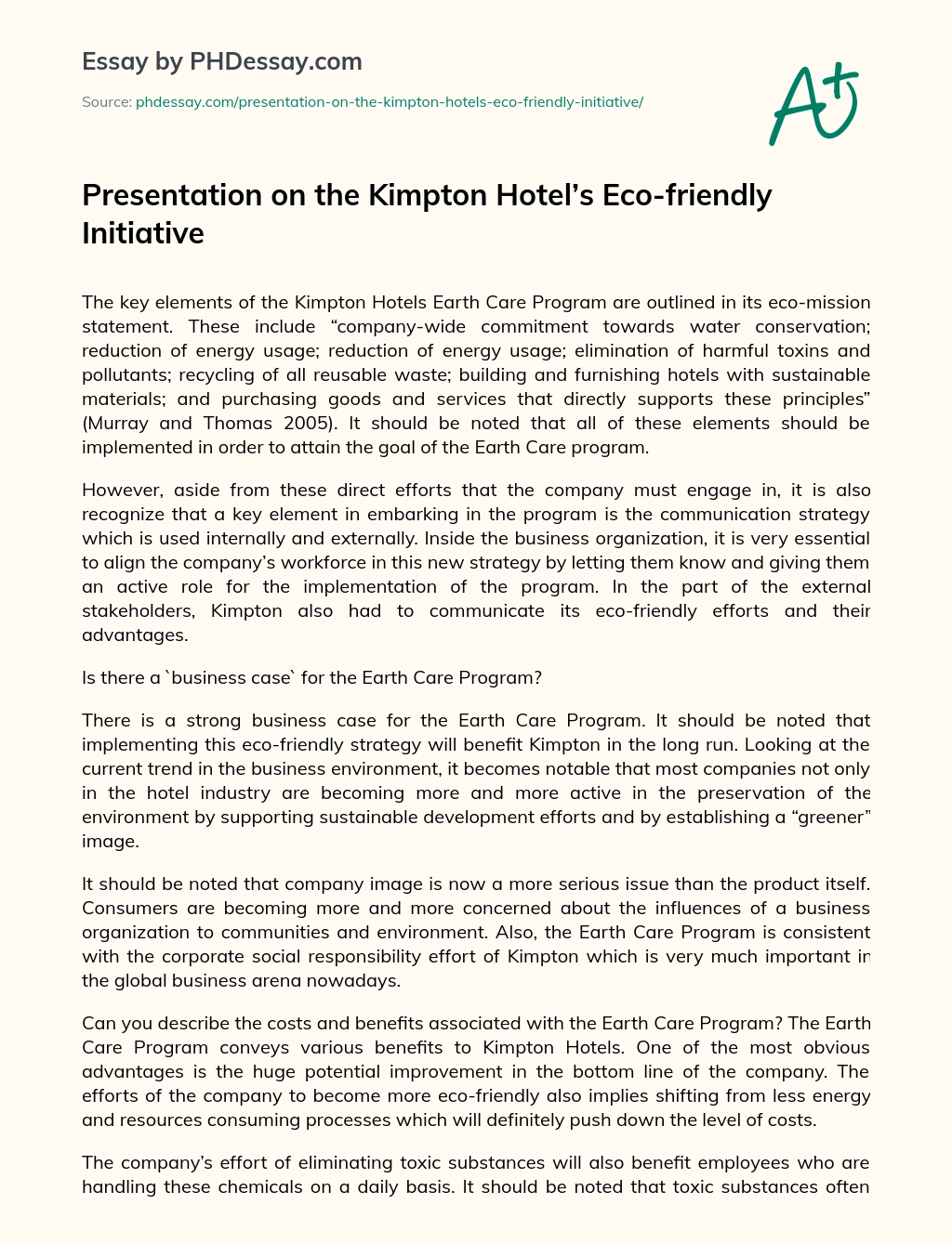 Presentation on the Kimpton Hotel’s Eco-friendly Initiative essay