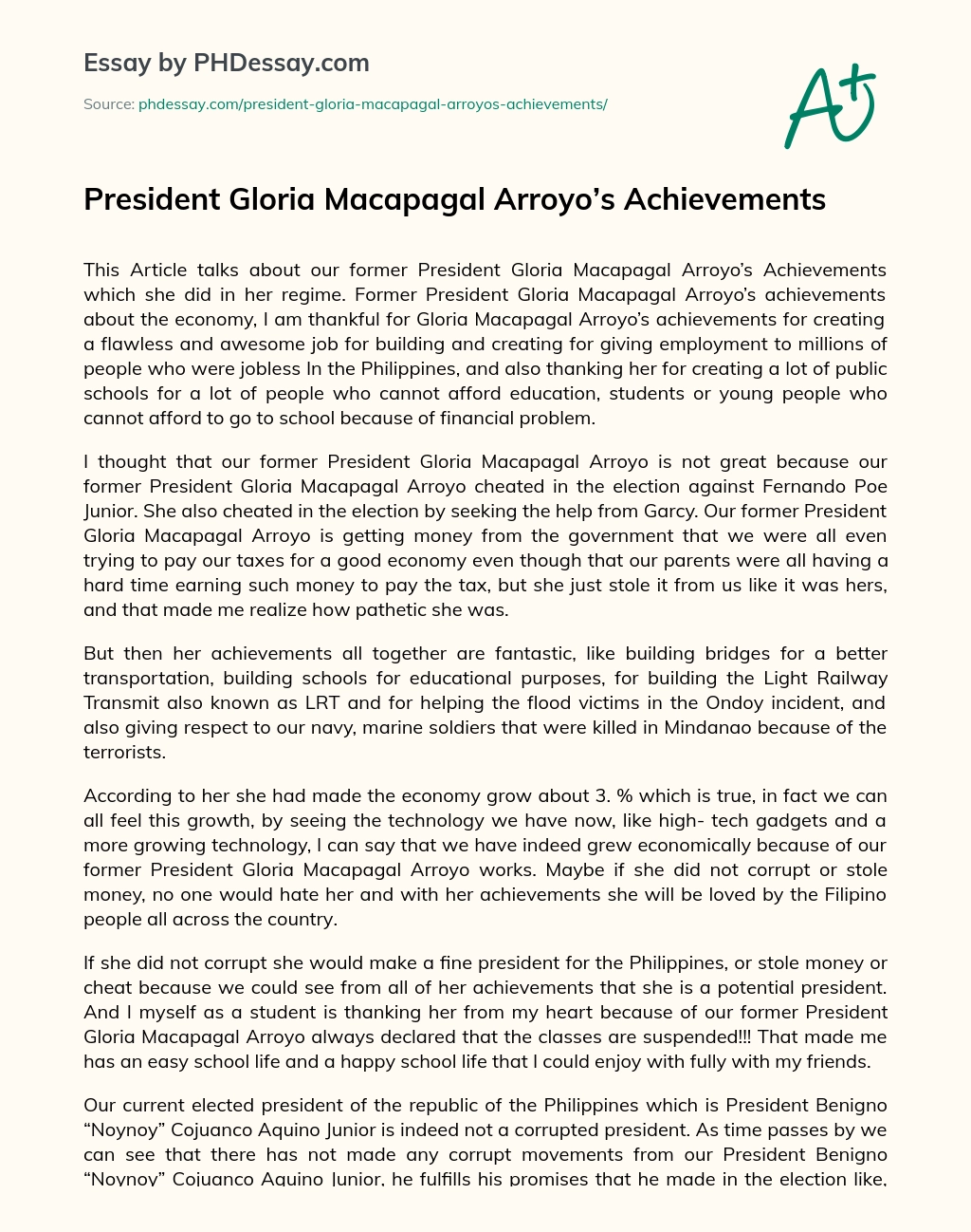 President Gloria Macapagal Arroyo’s Achievements essay
