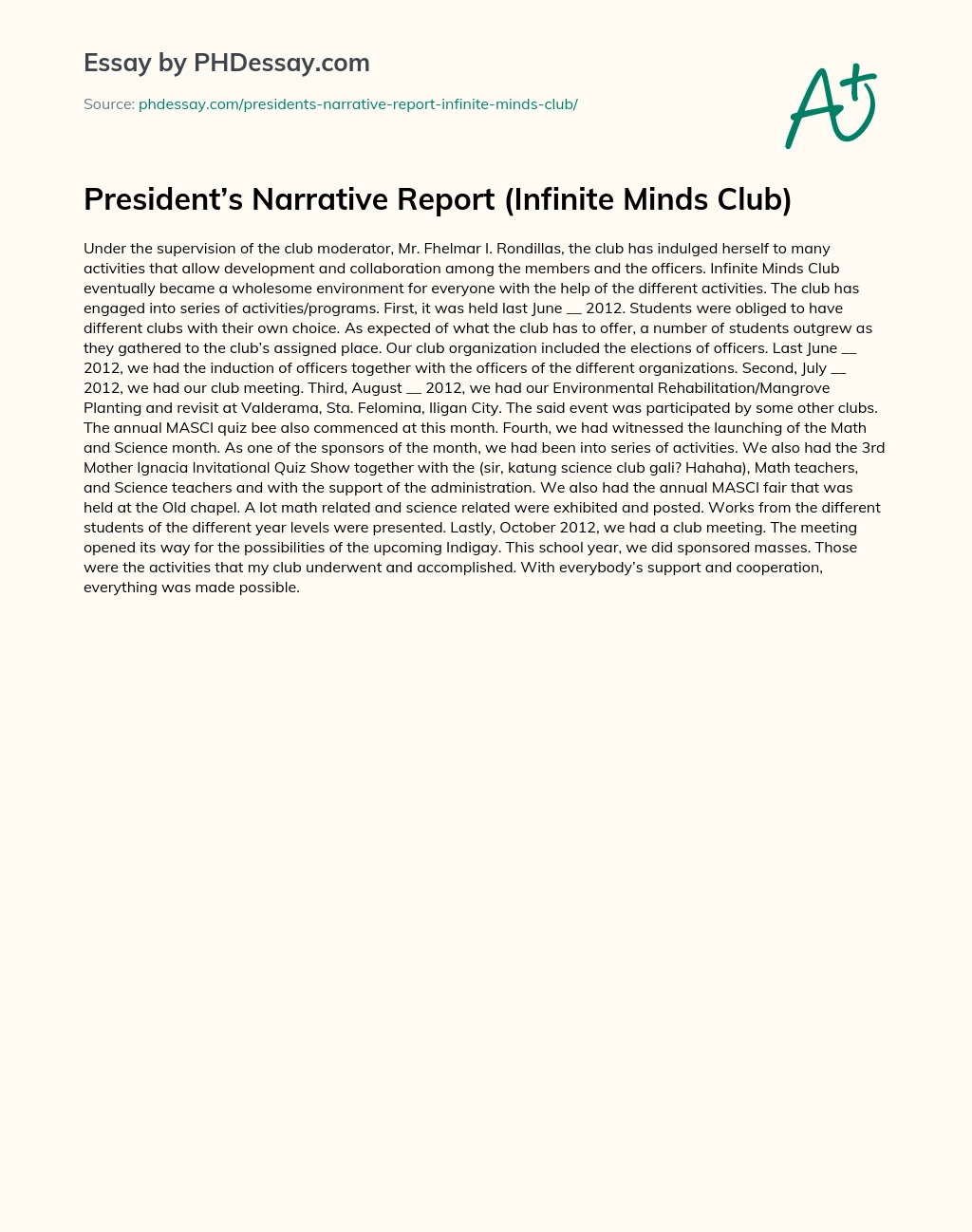 President’s Narrative Report (Infinite Minds Club) essay