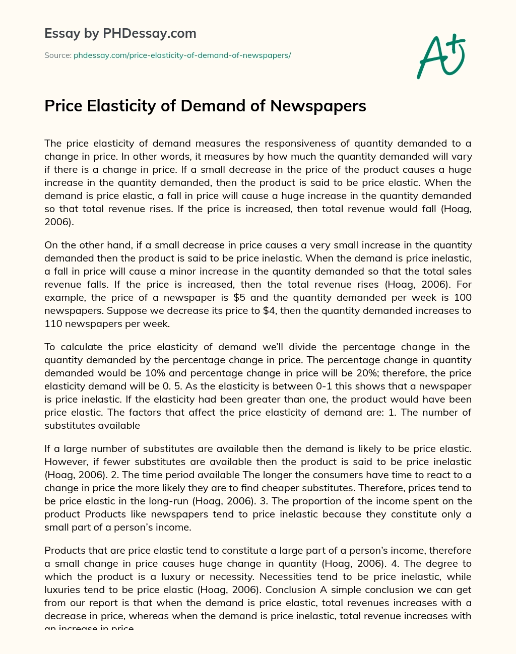 Price Elasticity of Demand of Newspapers essay