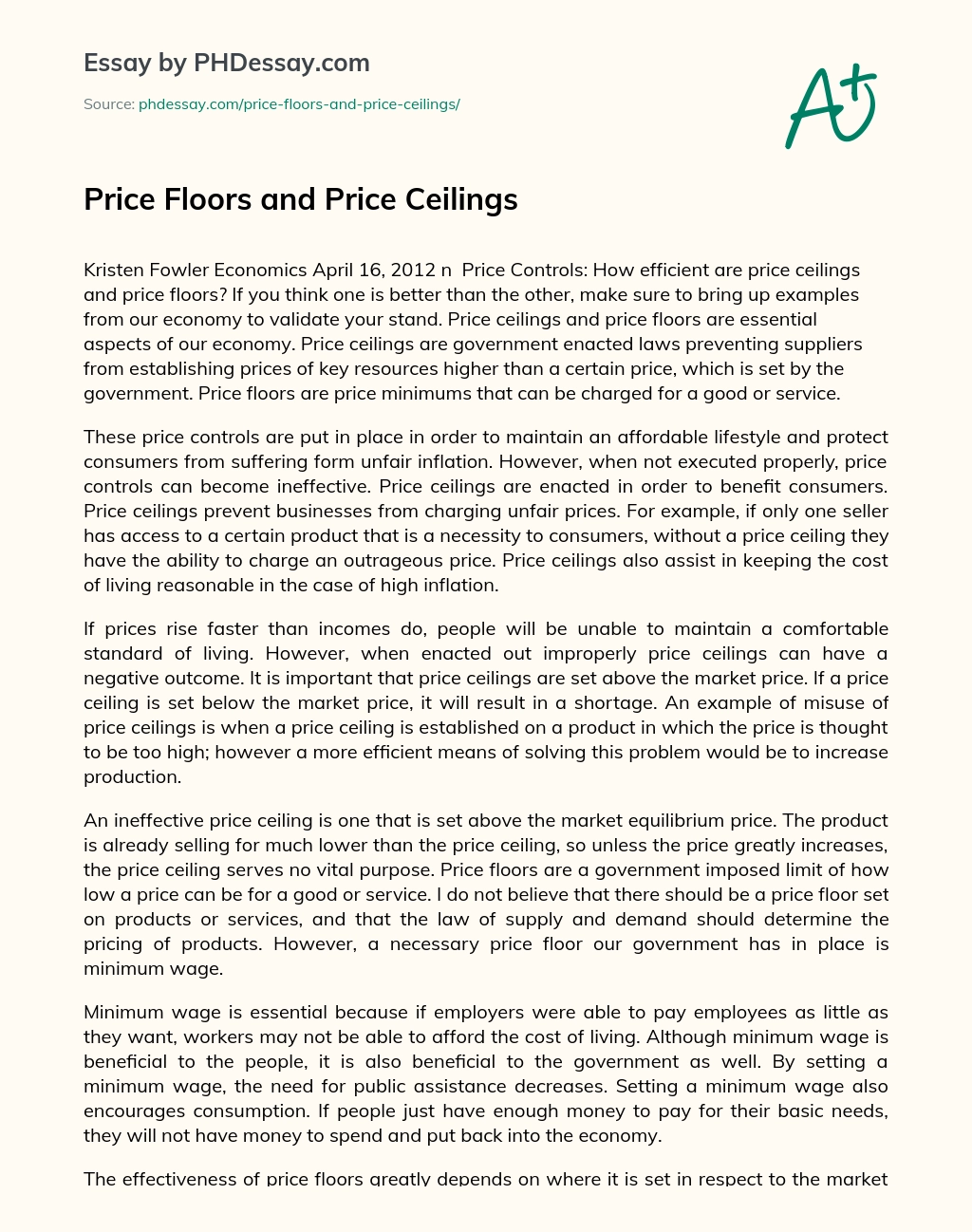 Price Floors and Price Ceilings essay